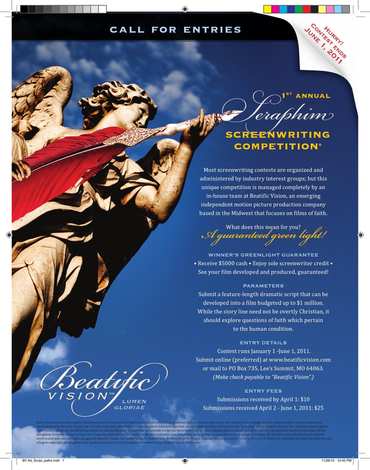 The Seraphim Screenwriting Competition advertisement, reproduced from the original 2011 print files. Full-page advertisement showing a sculpted angel with quill against a blue sky, the contest details, and the Beatific Vision wordmark with the motto LUMEN GLORIAE.